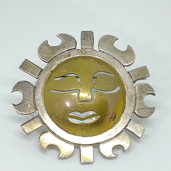 * vintage Taxco Mexico 925 & brass Sun brooch pin - Picture 2 of 8